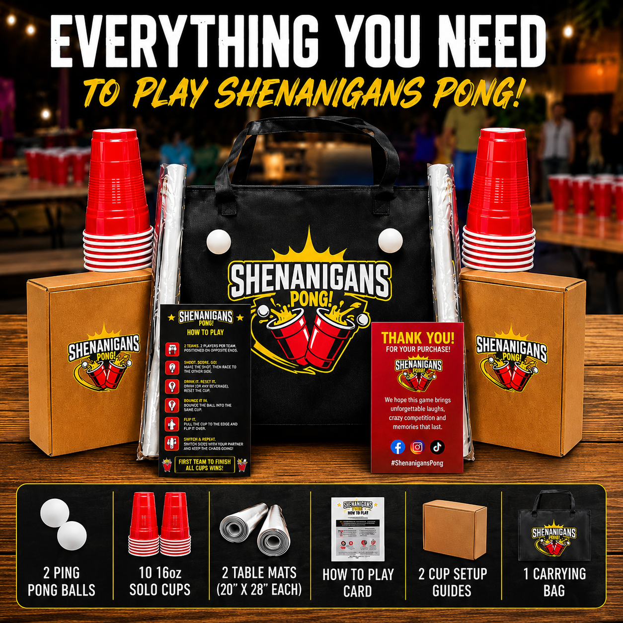 Shenanigans Pong - Fast-Paced Competitive Party Game Shoot, Bounce & Flip Cup Race Game. Includes 2 Silicone Mats, Cups & Balls completive beer pong.