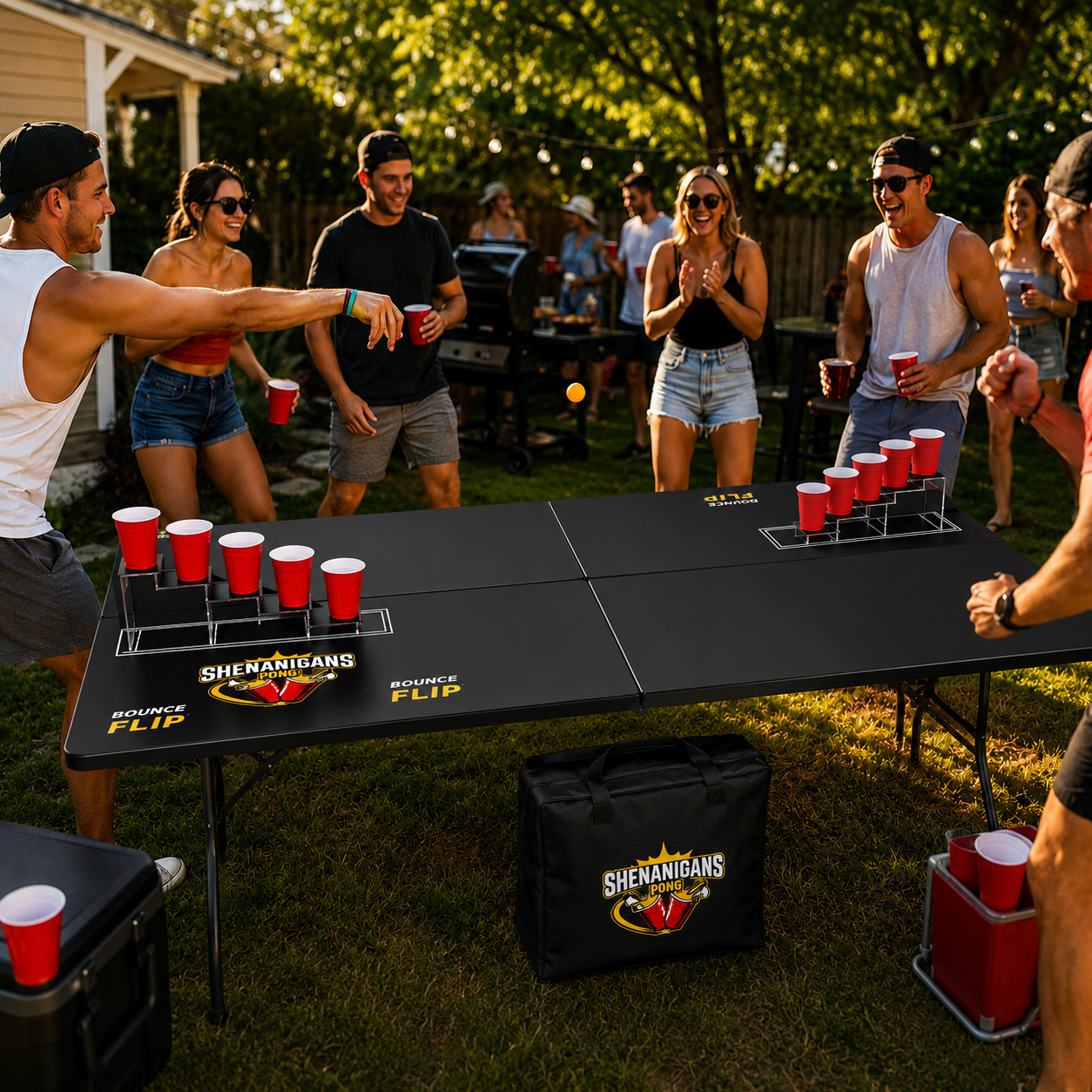 Shenanigans Pong - Fast-Paced Competitive Party Game Shoot, Bounce & Flip Cup Race Game. Includes 2 Silicone Mats, Cups & Balls completive beer pong.