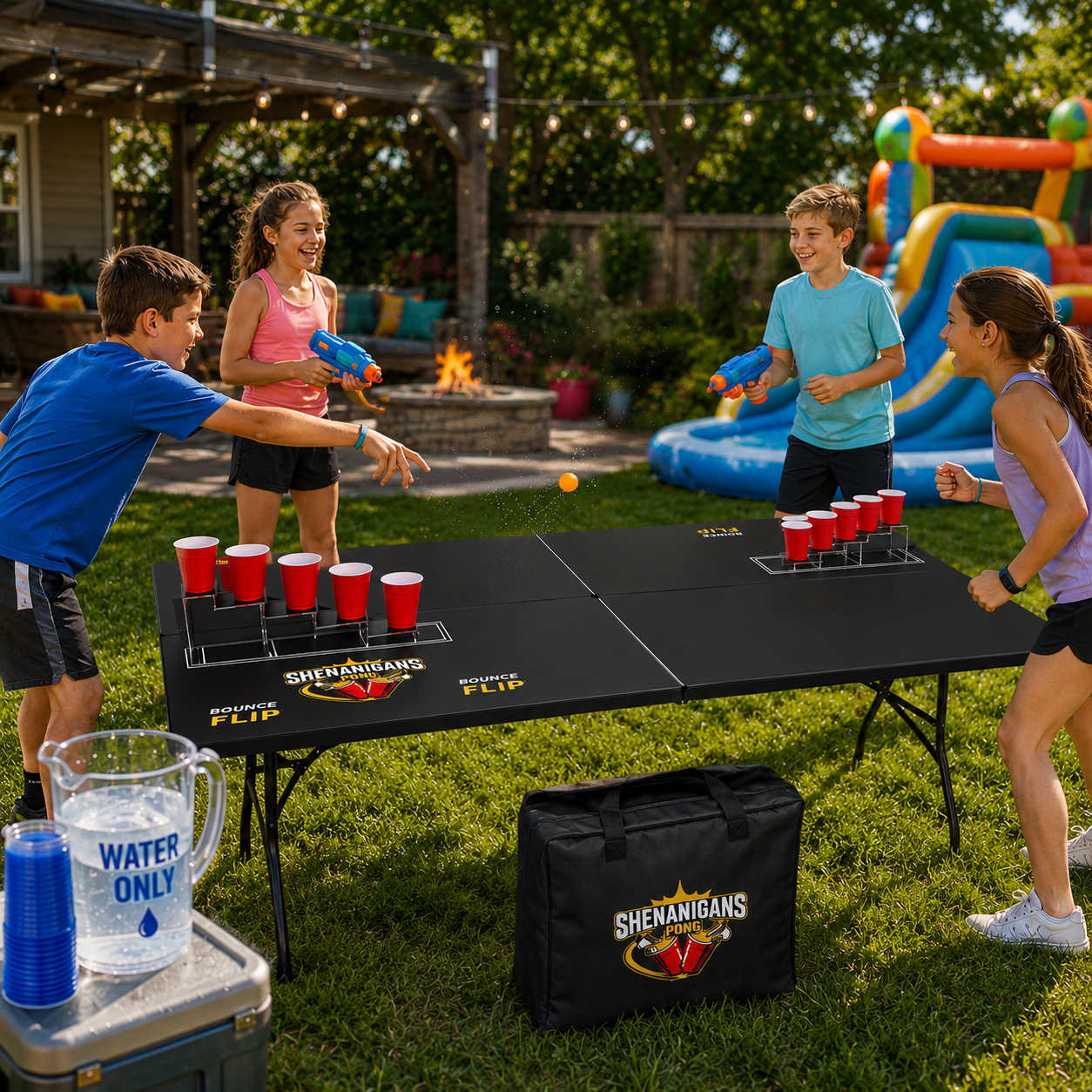 Shenanigans Pong - Fast-Paced Competitive Party Game Shoot, Bounce & Flip Cup Race Game. Includes 2 Silicone Mats, Cups & Balls completive beer pong.